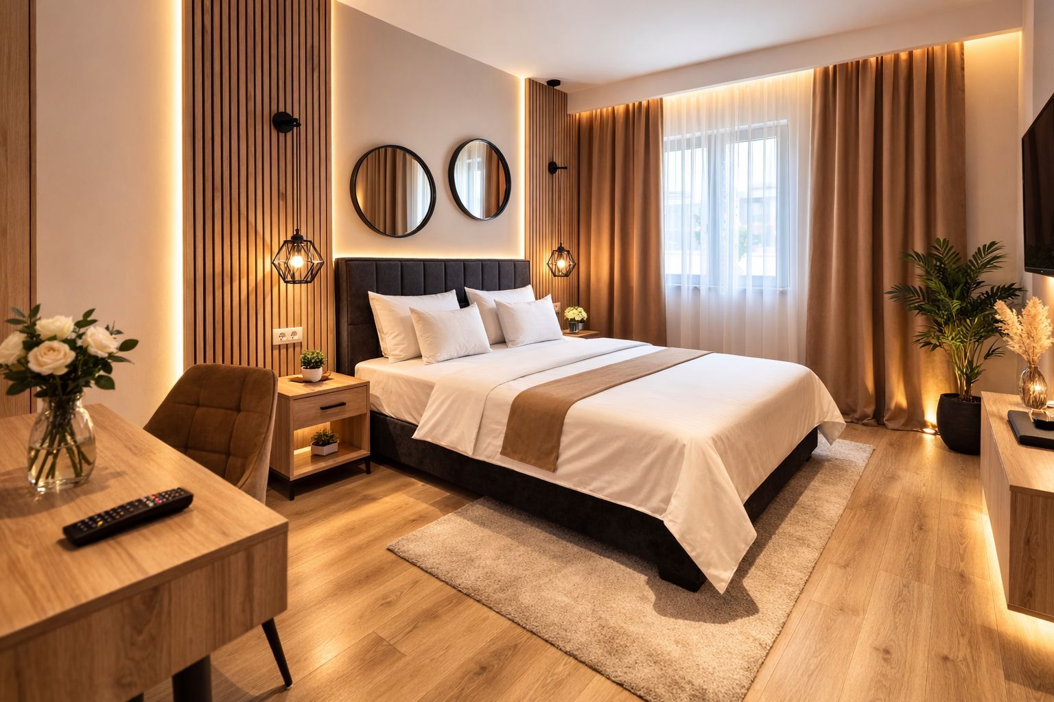 Luxurious hotel room at Sinan Han with modern amenities, elegant lighting and comfortable bedding